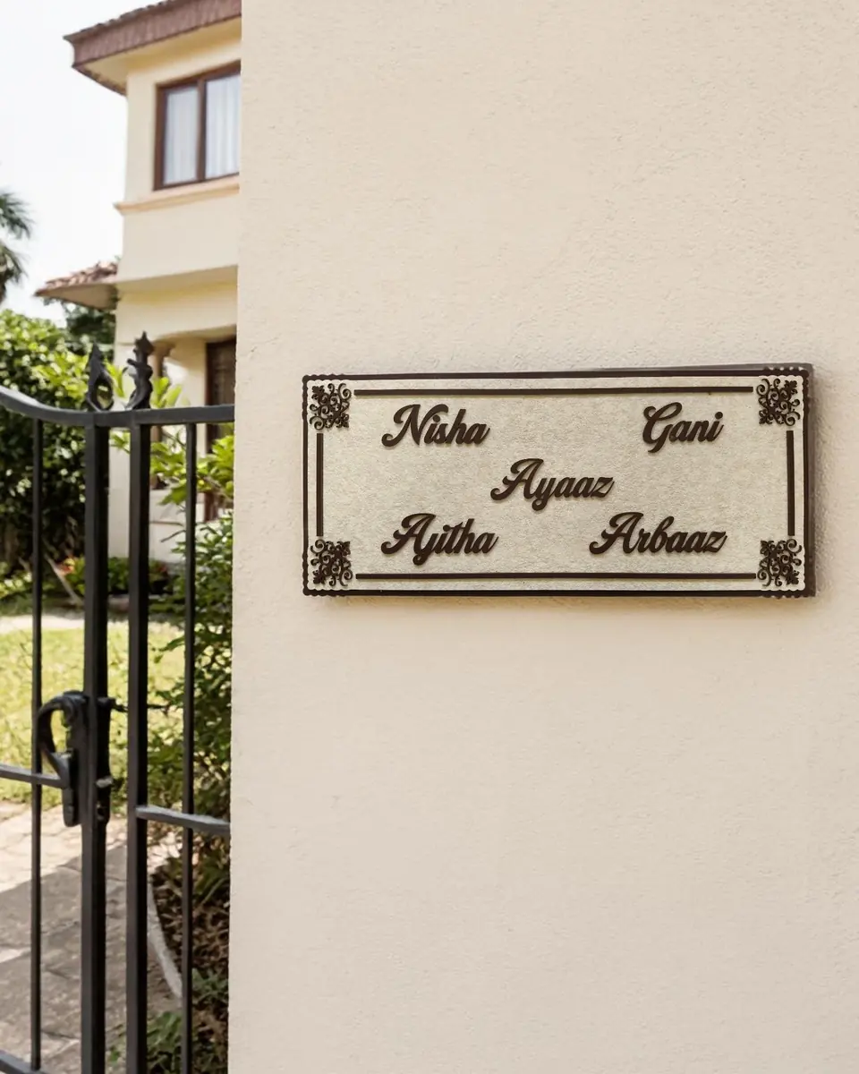 Elegant Beige Stone Finish Name Plate with Matte Brown Acrylic Letters (8” x 18”) - Nisha Gani