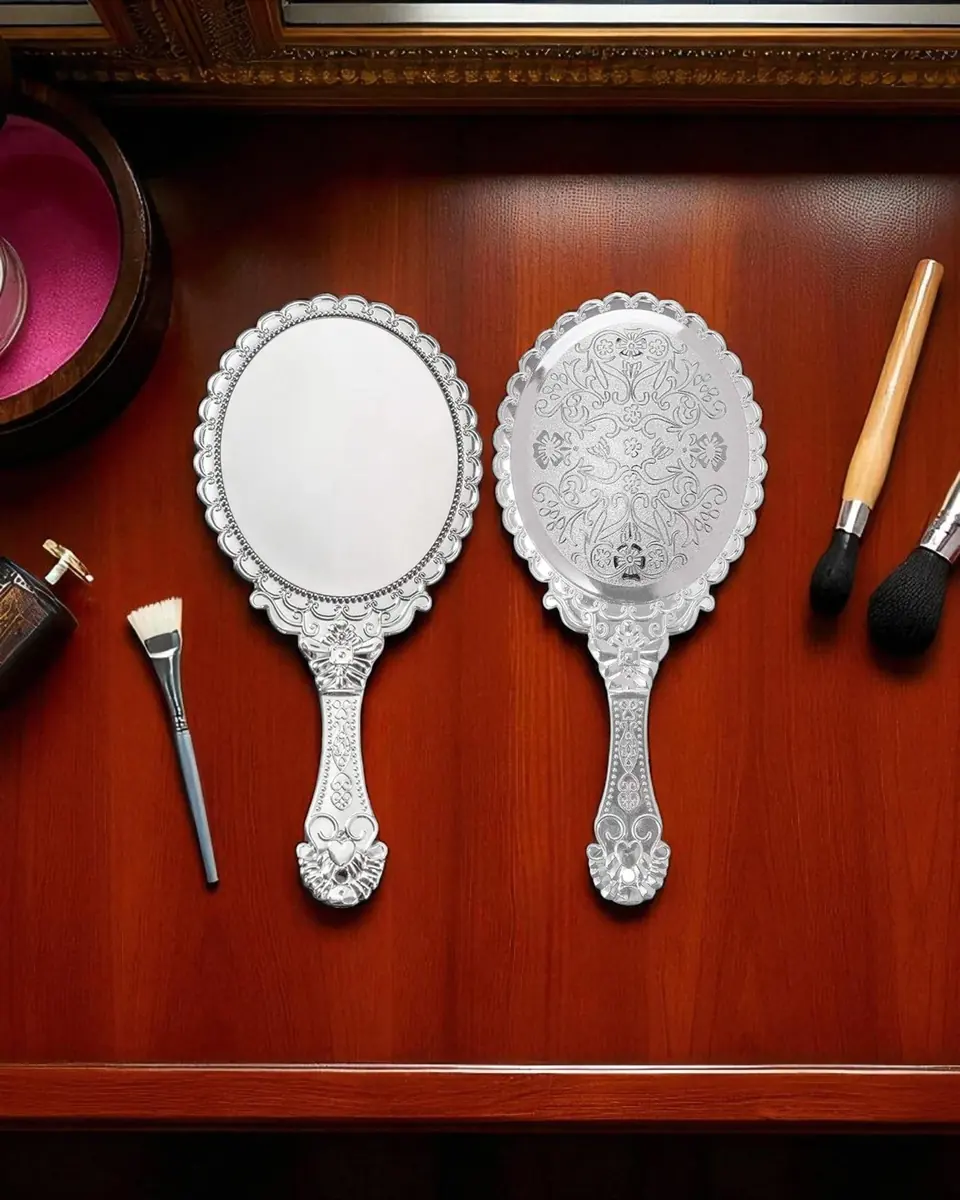 Hand Mirror - Silver Plastic Carving