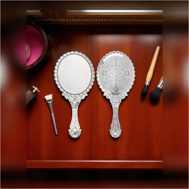 Hand Mirror - Silver Plastic Carving