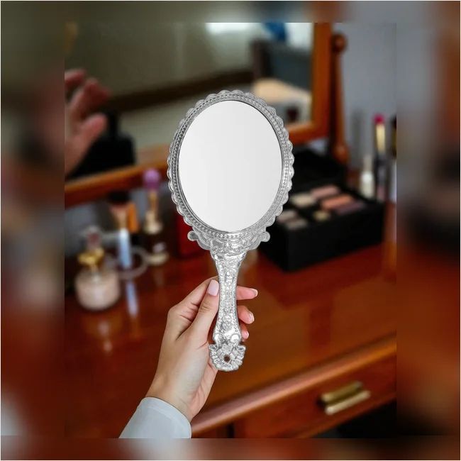 Hand Mirror - Silver Plastic Carving