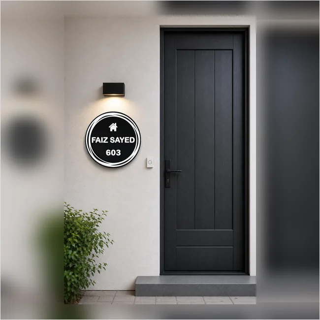 Modern Round Black Acrylic Name Plate with White Letters | Personalized House Name & Flat Number Sign (12 Inch) - Faiz Sayed